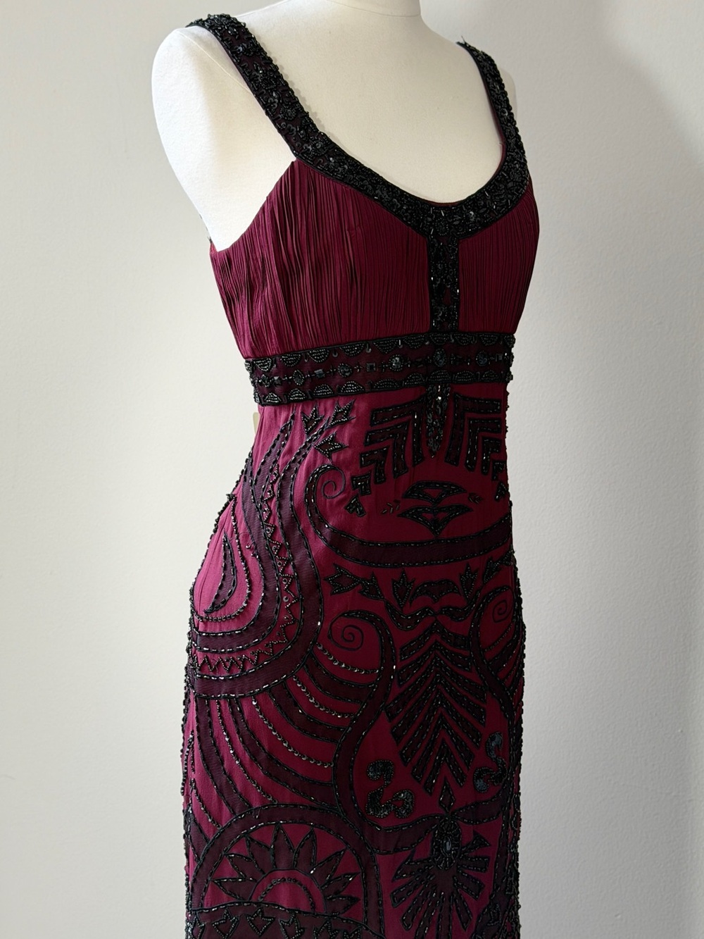 Vintage Sue Wong Beaded Burgundy Evening Dress with Black Embellishment